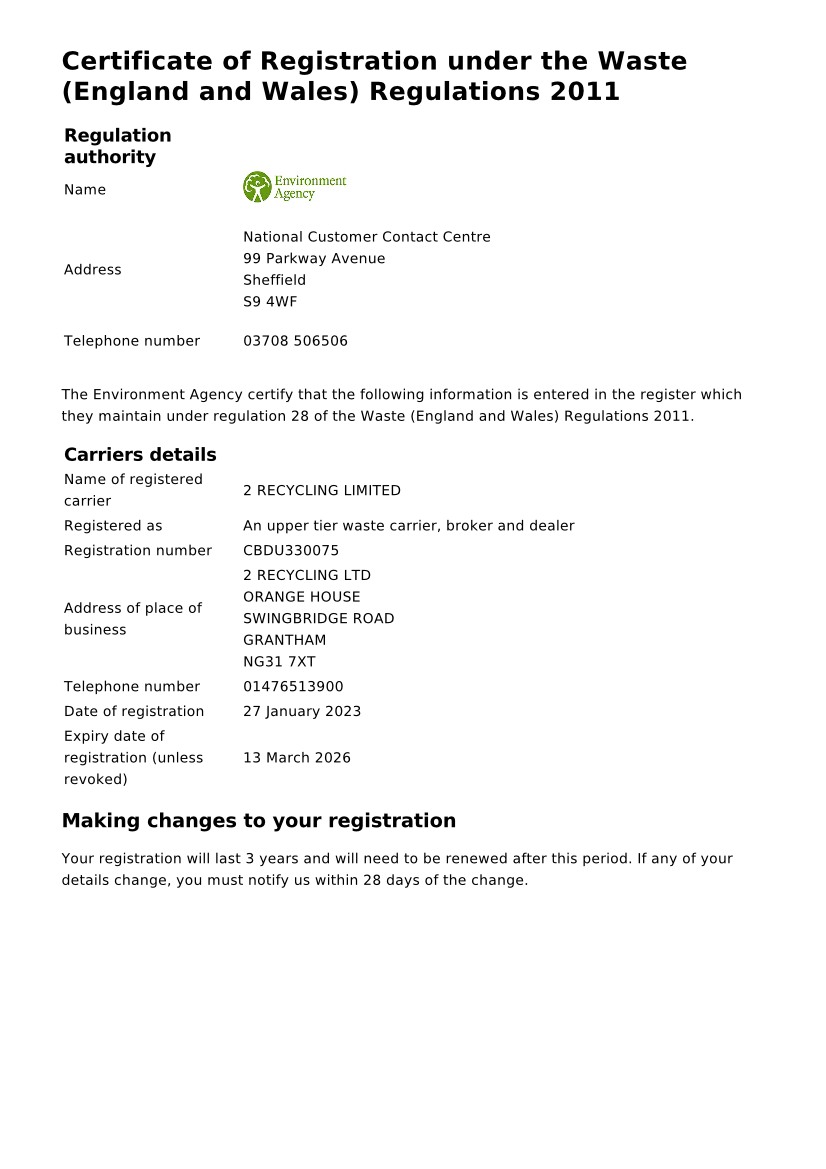 2 Recycling Ltd Waste Carrier Licence 2023 2026