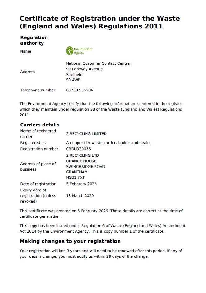 2 Recycling Ltd Waste Carriers Licence 2026 2029
