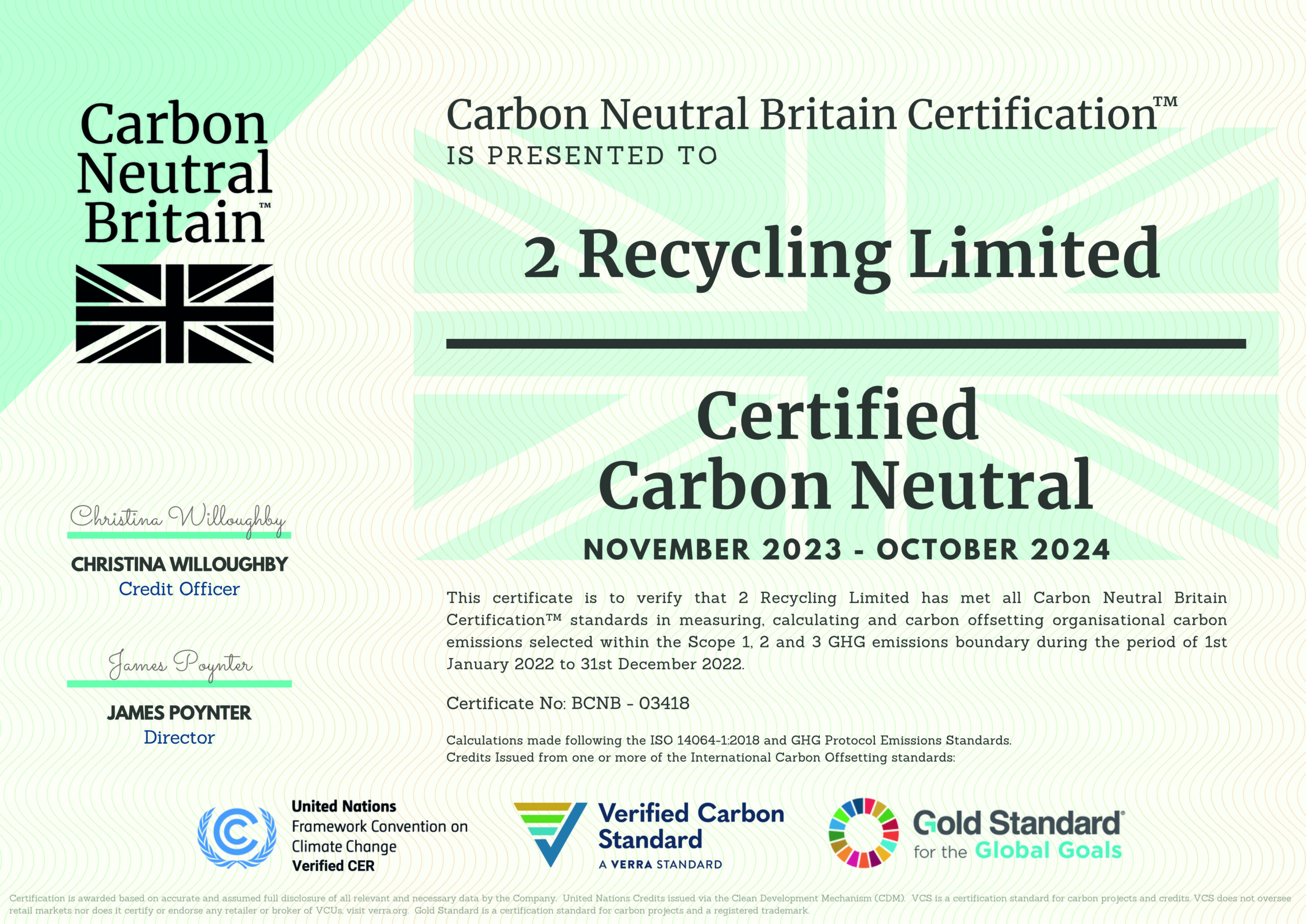 Carbon Offset Certification 2 Recycling Limited 2023 2024