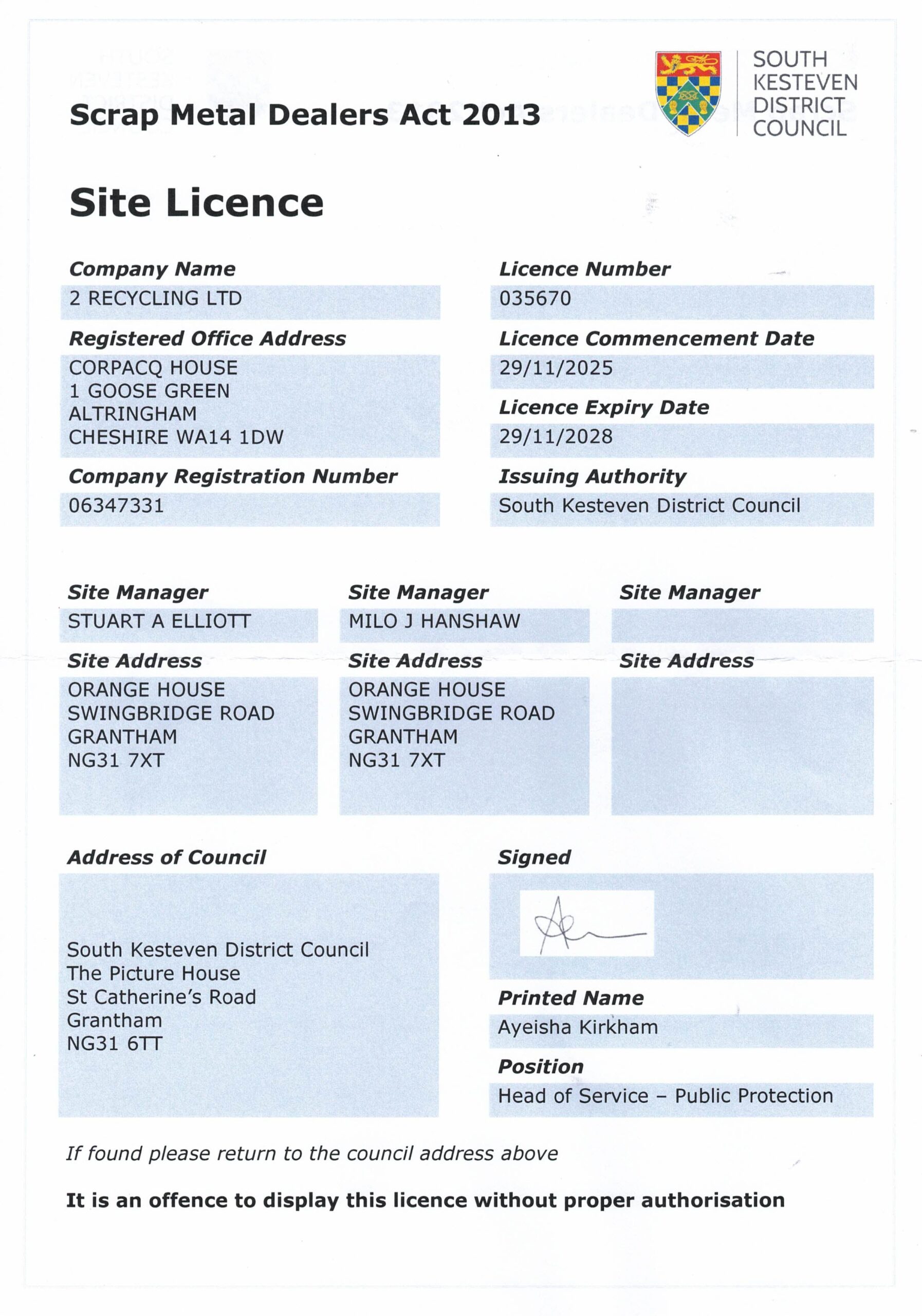 2 Recycling Ltd - Scrap Metal Dealers Act 2025 2028 Licence